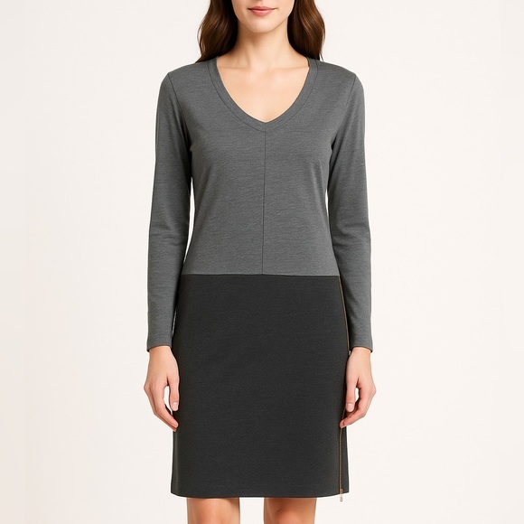 Theory Long Sleeve V-Neck Side Zipper Monica Dress - Charcoal Gray - Size Medium - Picture 1 of 10